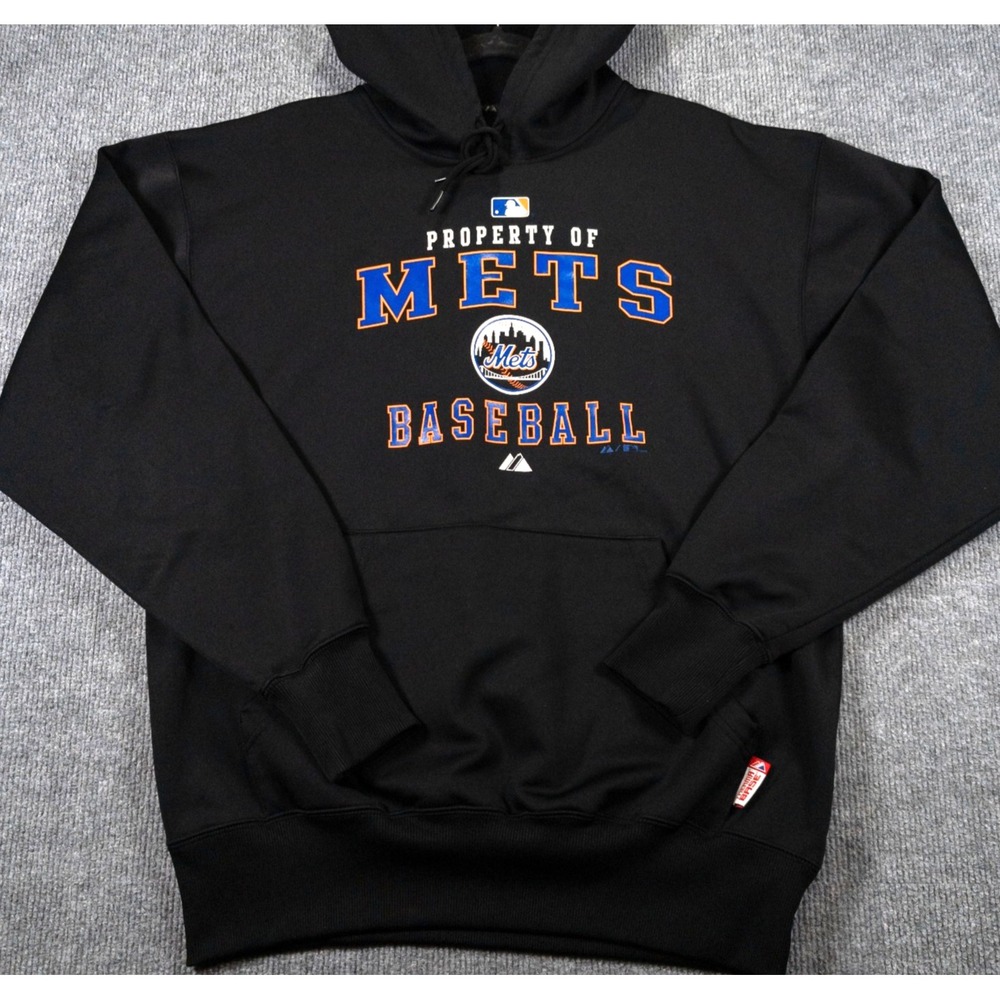 Majestic NY Mets Hoodie Mens M Black Logo Heavy Fleece Pullover Sweatshirt